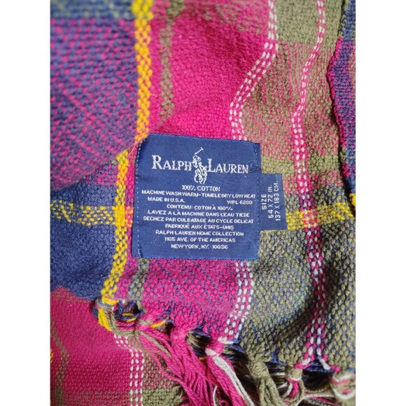 Ralph Lauren Plaid Throw Blanket 54" x 72" Blue Maroon Green Yellow Made in USA - Picture 3 of 4